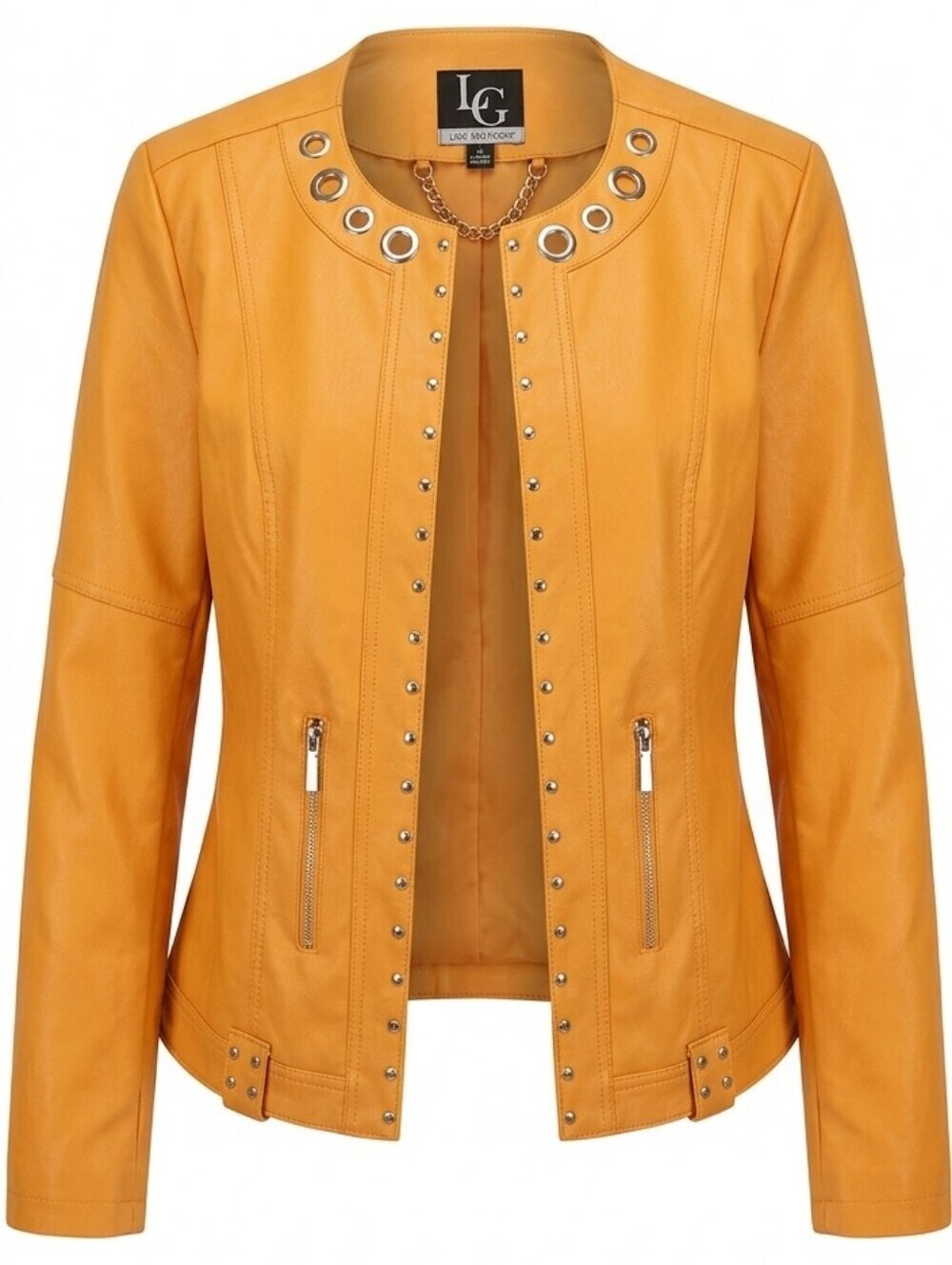 Lena Gabrielle Faux Leather Jacket Size 8 Orange Studded Moto Y2K Edgy